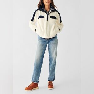 Faherty Cream Sherpa Cropped Zip Pullover Size Medium